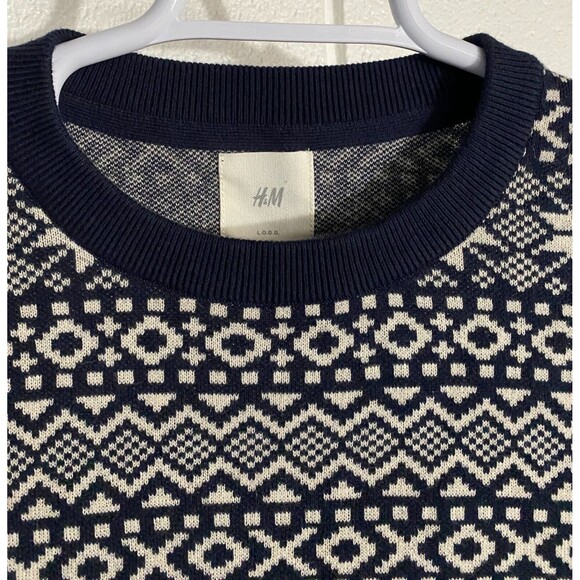 H&M Sweater Navy Fair Isle Nordic Cotton Crew Neck Long Sleeve Pullover - Picture 8 of 9